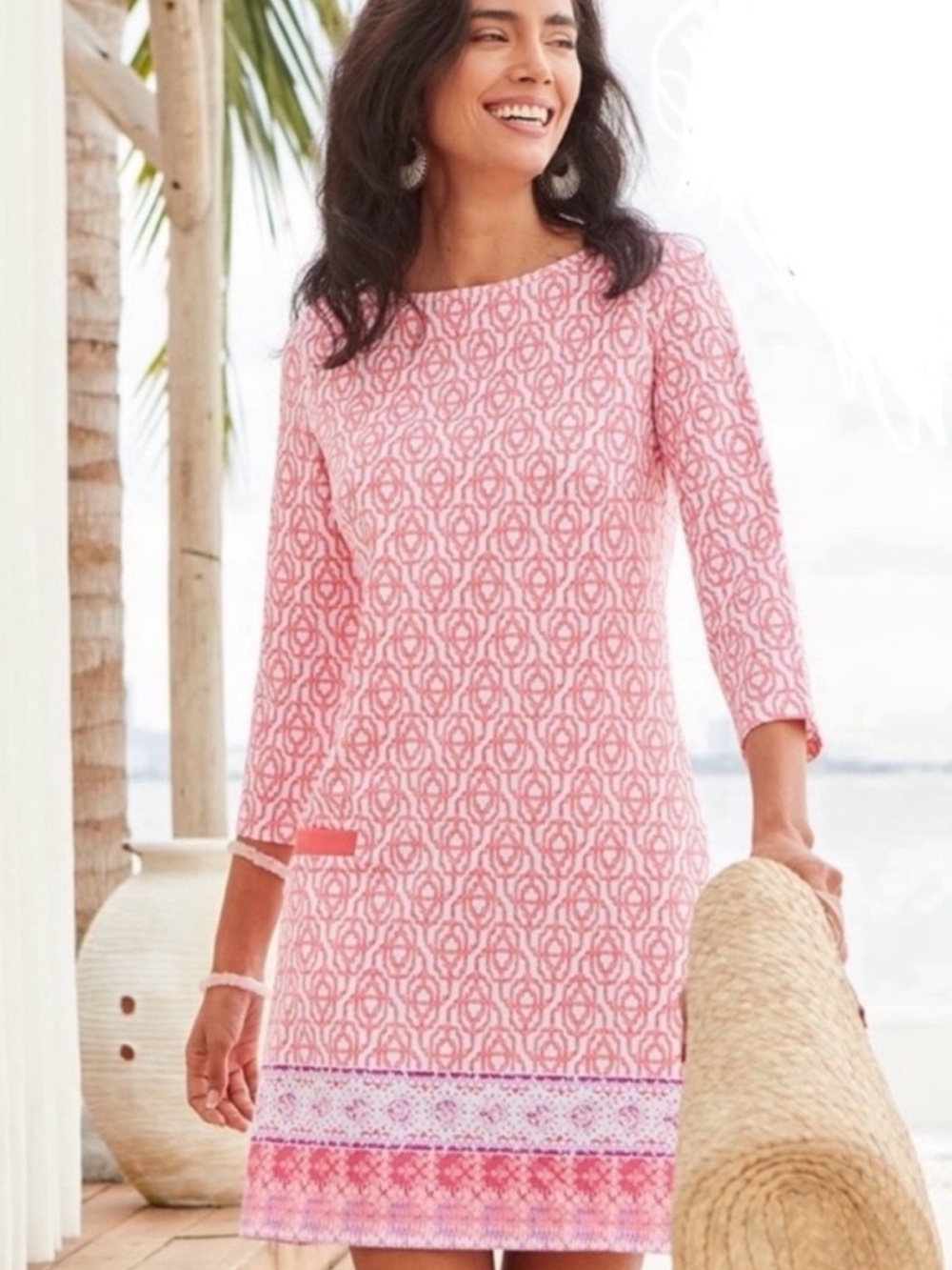CABANA LIFE Resort Preppy Palm Beach Pink/White 3/4 SLV Shift Dress medium